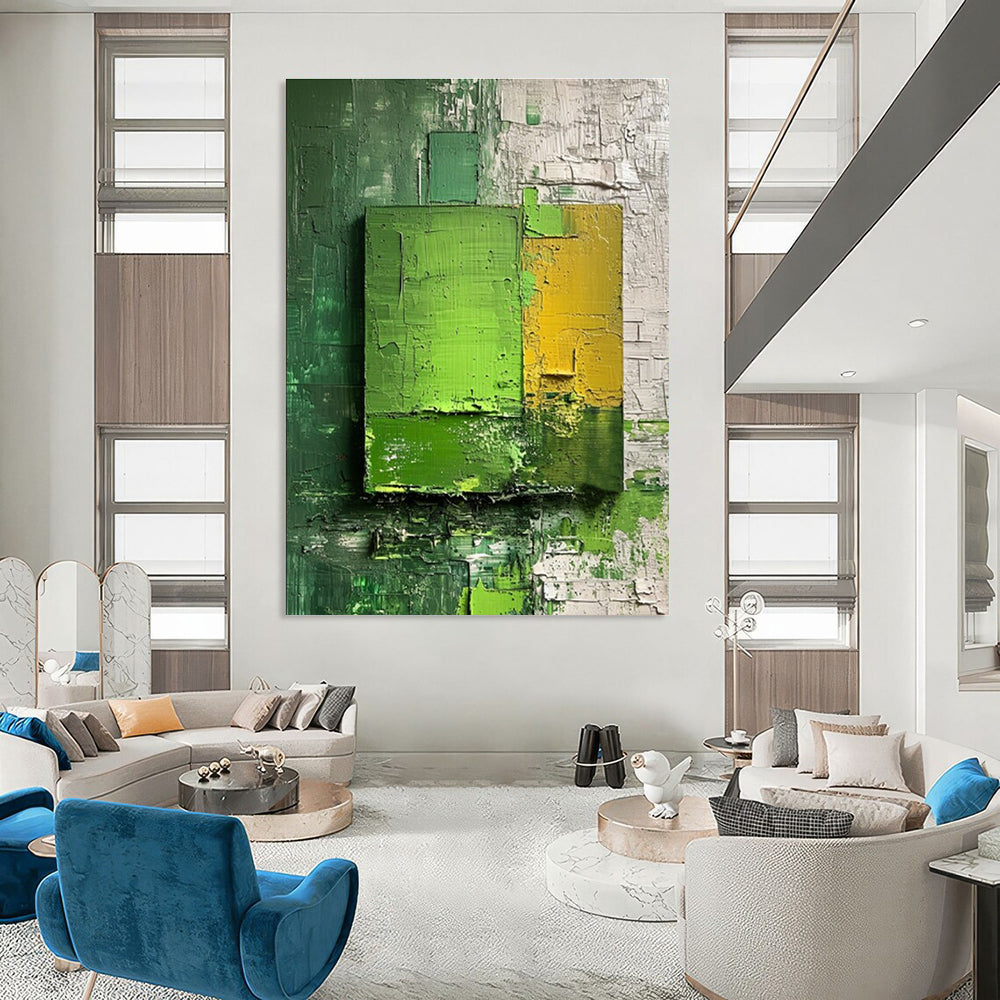 Green and Yellow Textured Squares Abstract Painting for Modern Dining Rooms HENG030