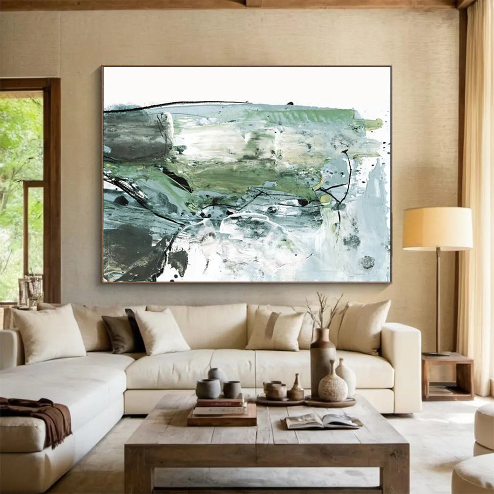 Green - Grey Abstract Painting for Eco - Conscious Spaces YHT139