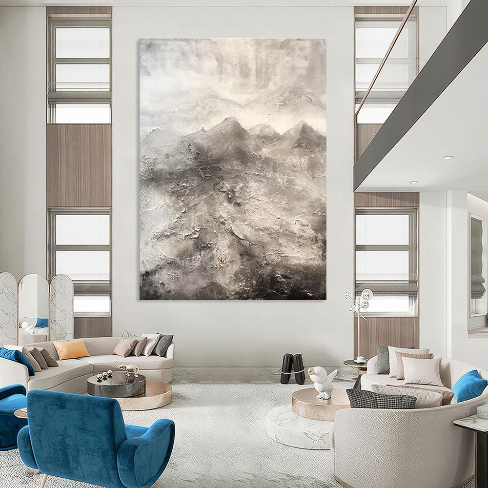 Evocative Gray - Toned Textured Mountains Painting for Nature - Inspired Spaces HENG256
