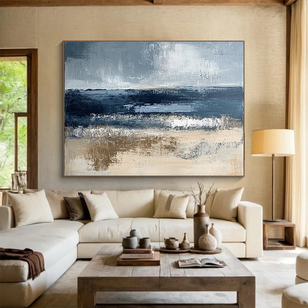 Gray and Blue Abstract Coast with Textured Sea and Sand Abstract Painting ABS362
