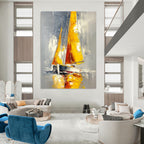 Yellow - Sailed Boat on Gray Water Abstract Painting for Nautical Spaces GAB1445