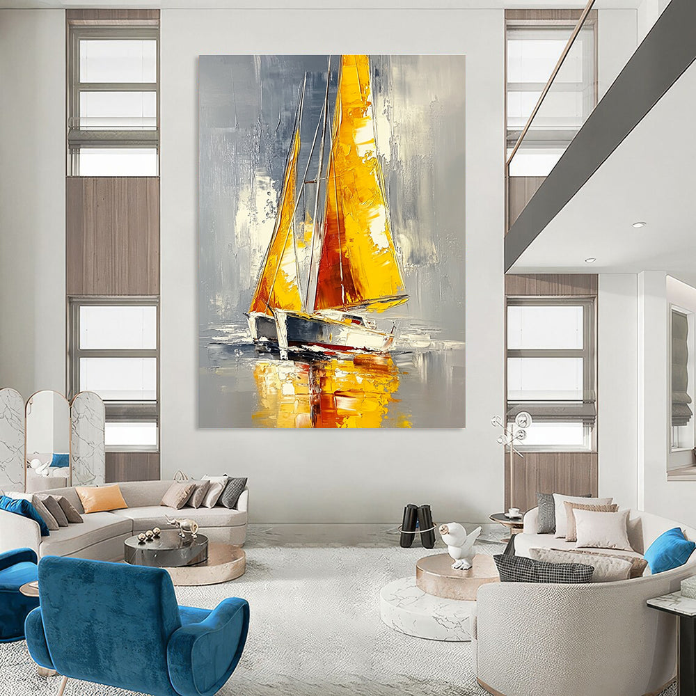 Yellow - Sailed Boat on Gray Water Abstract Painting for Nautical Spaces GAB1445