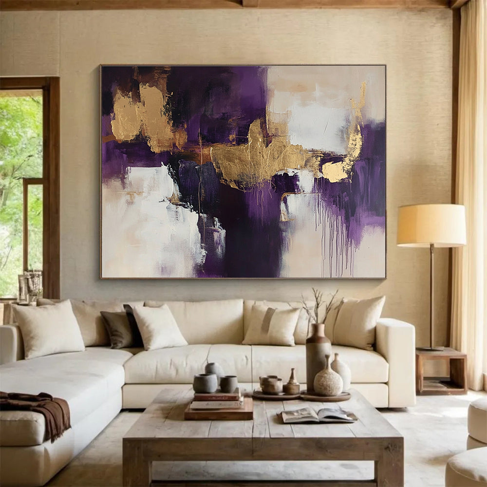 Purple and Gold Abstract with Dripping Accents Abstract Painting ABS371