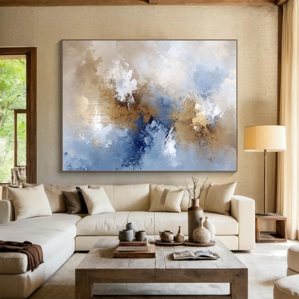 Blue Gold White Abstract Painting with Flowing Elegance WINK662