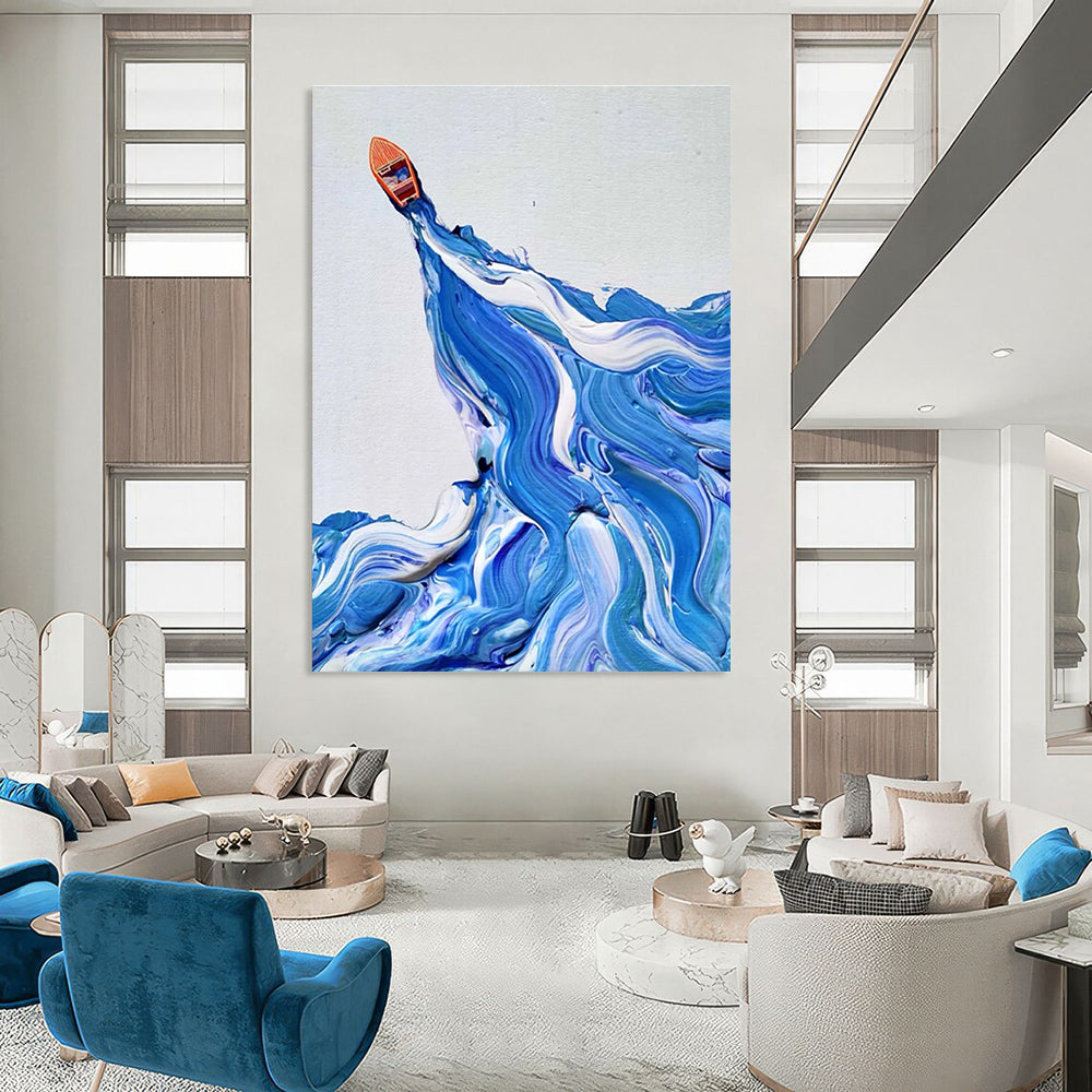 Small Boat on Textured Waves Abstract Painting for Nautical - Themed Interiors HENG321