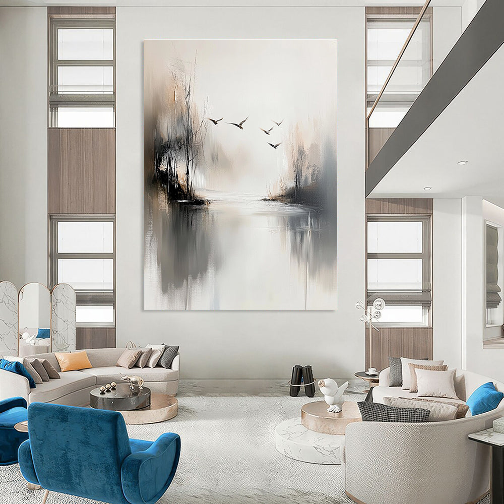 Misty Landscape with Birds Abstract Painting for Serene Meditation Spaces GAB0814