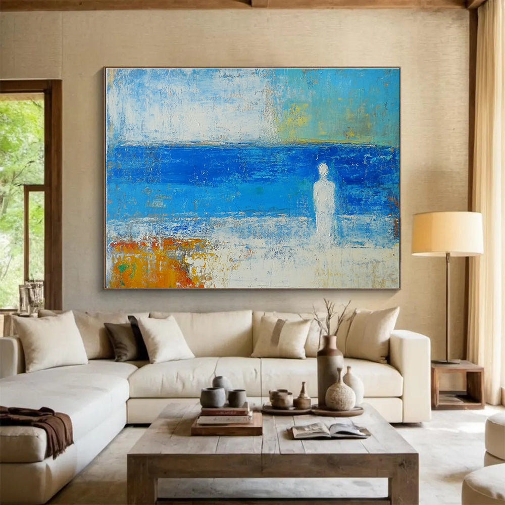 Abstract Blue Sea and Figure Meditation Painting ABS195