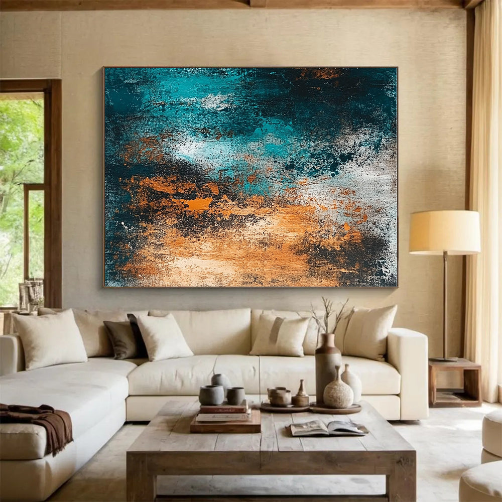 Teal and Orange Textured Abstract Painting with Fiery Calm WINK289