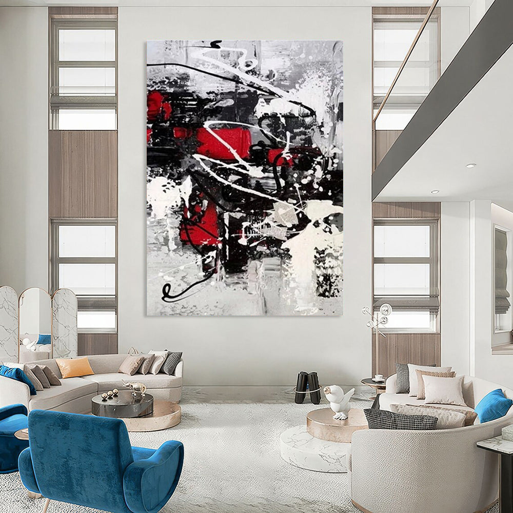 Red - Black - White Dynamic Abstract Painting for Creative Studios HENG383
