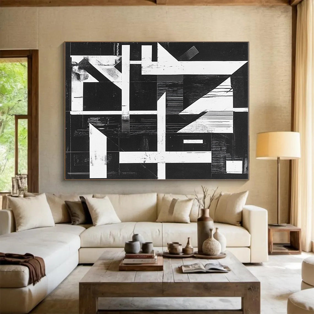 Geometric Black and White Abstract Painting with Structural Intrigue WINK145