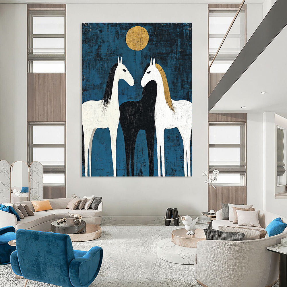 Two Horses Under Golden Moon - Symbolic Equine Abstract Art GAB0512