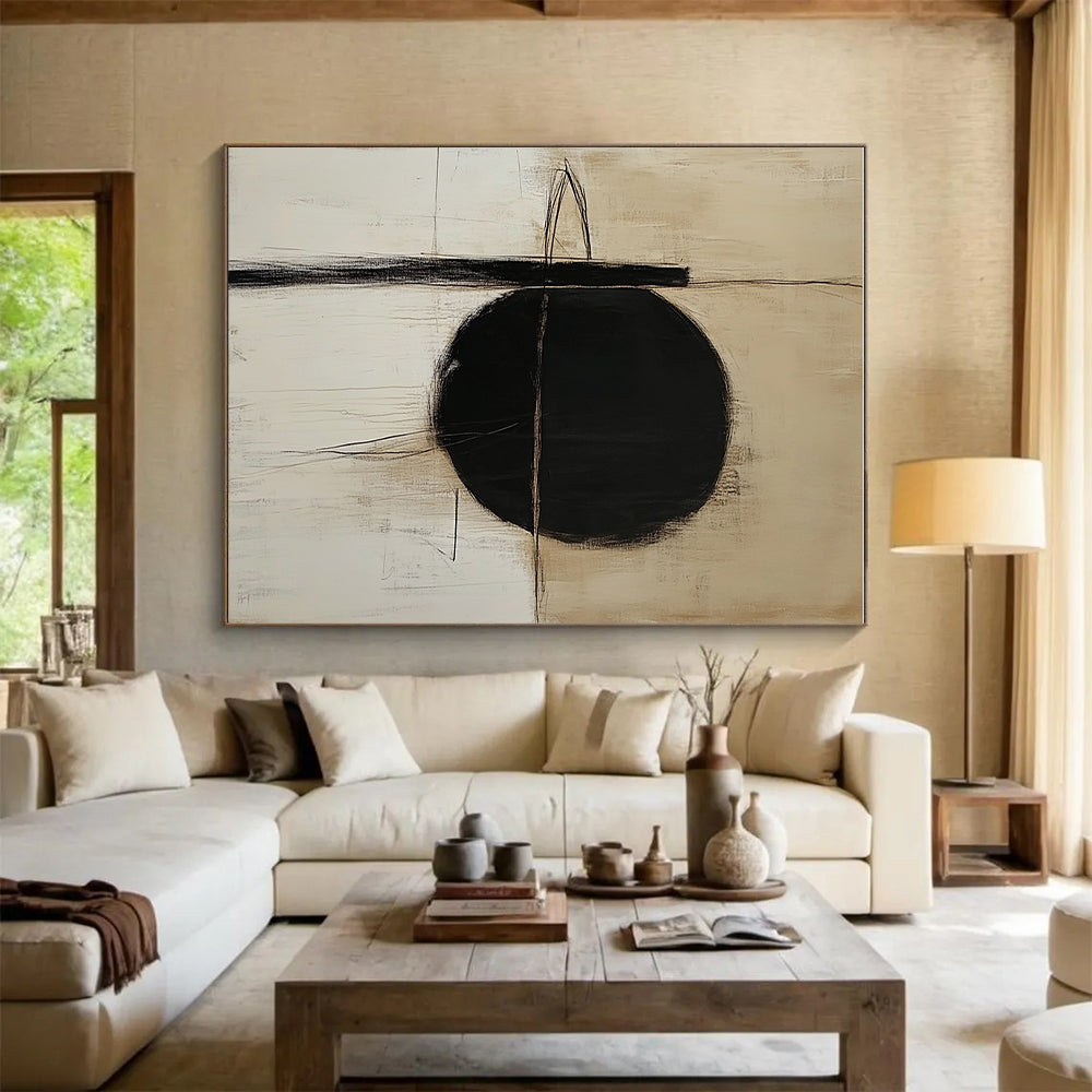 Black Circle and Lines Abstract Painting with Minimalist Drama WINK010