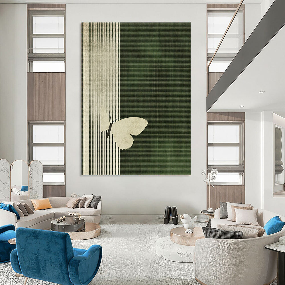 White Butterfly on Green Stripes Abstract Painting of Delicate Contrast GAB0173