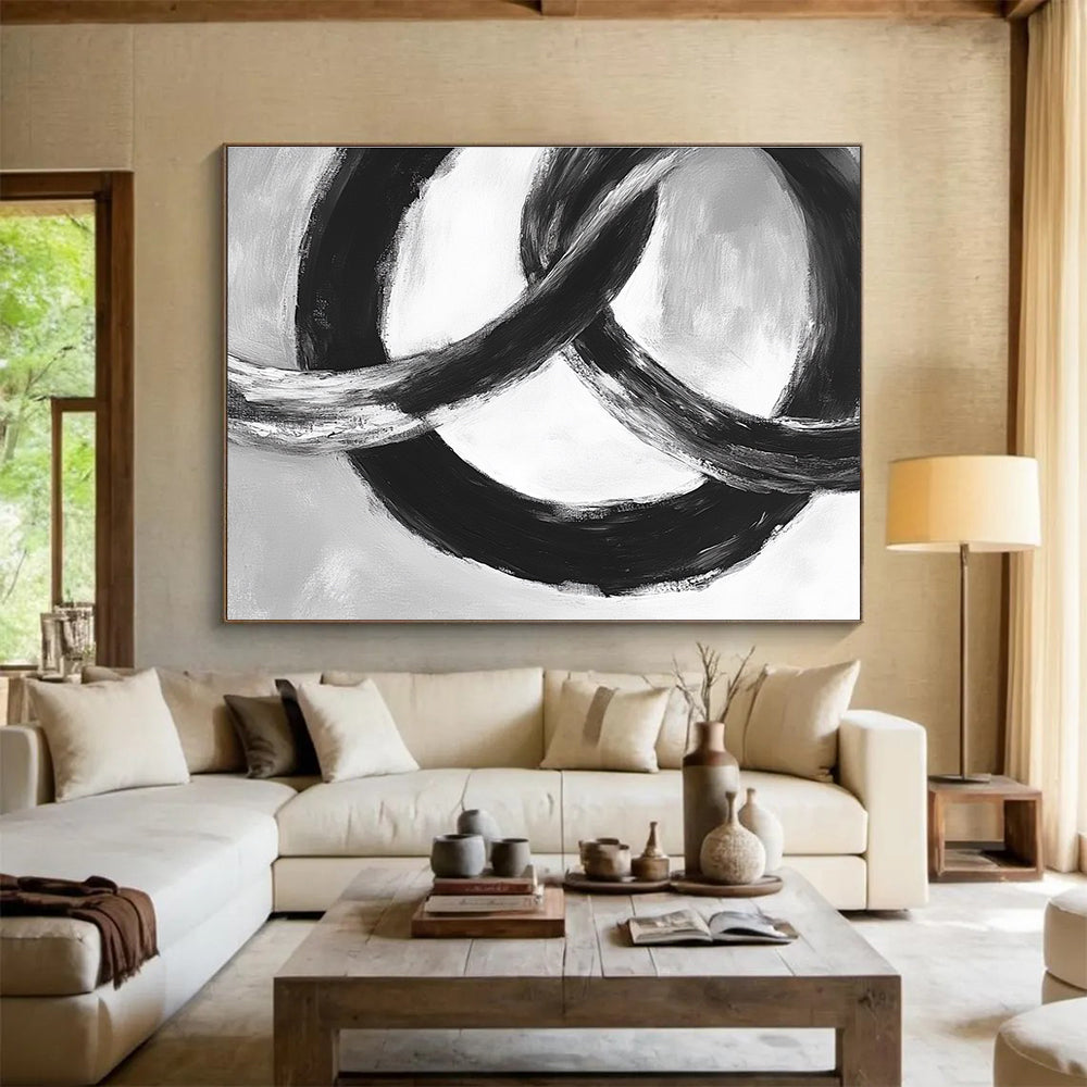 Intertwined Black Rings: Dynamic Movement in Monochrome Abstract Painting ABS175
