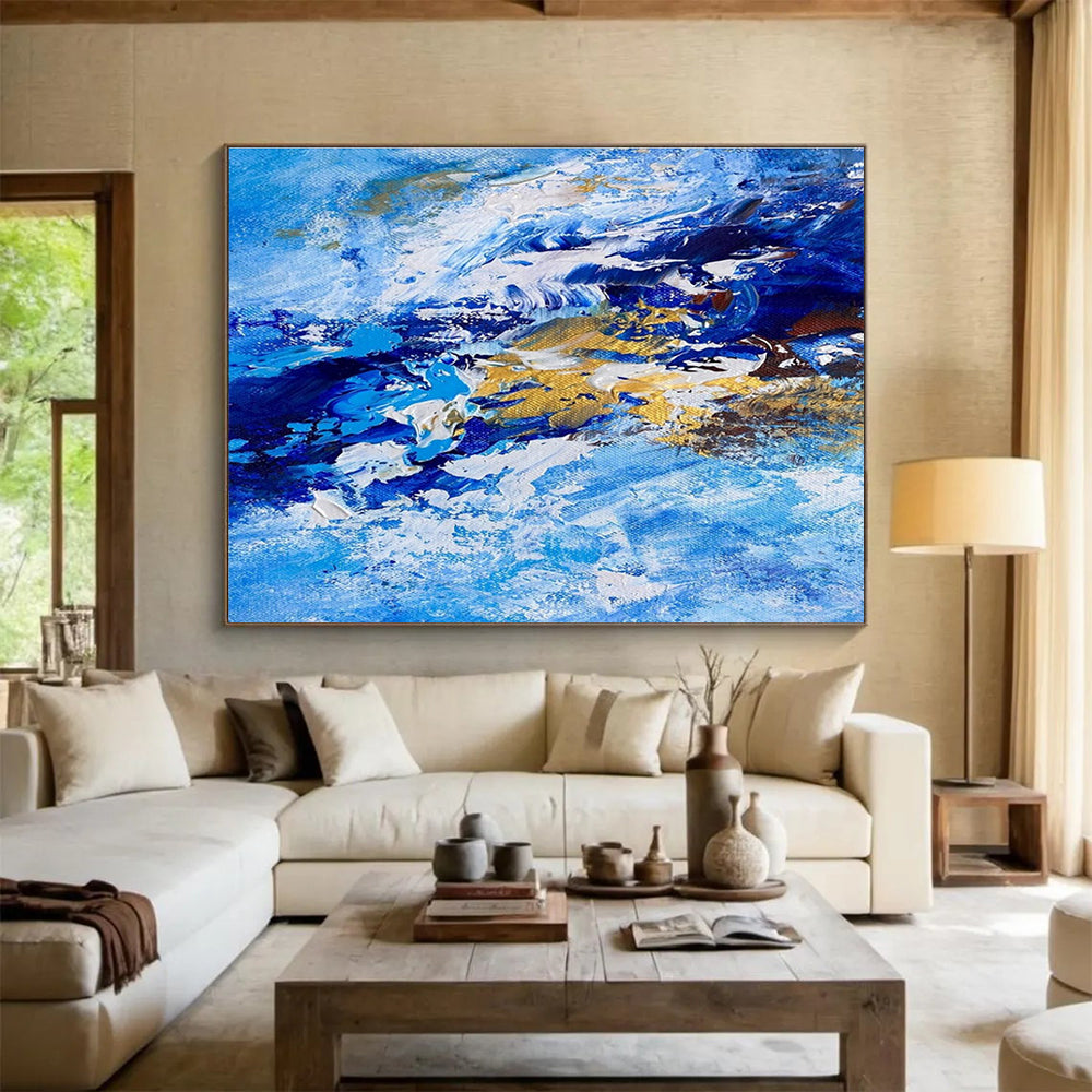 Blue and Gold Wave Abstract Painting for Nautical - Inspired Lounges YHT345