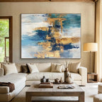 Blue Gold White Abstract Painting with Coastal Elegance WINK474