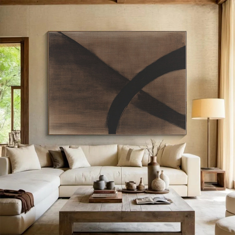 Black Curved Lines on Brown Abstract Painting with Bold Grace WINK046