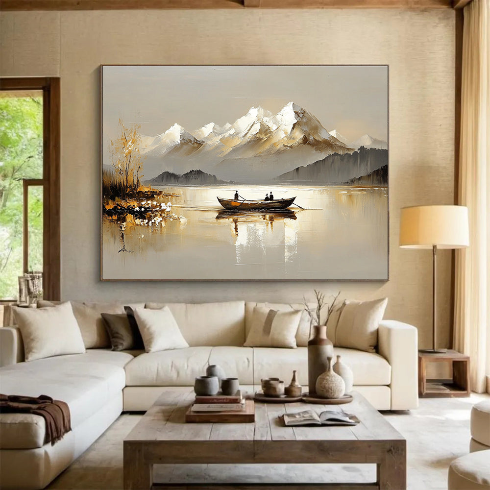 Boat on Lake with Snowy Mountains Abstract Painting with Serene Beauty ABS605