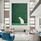 White Cat on Green Minimalist Abstract Painting for Calm Interiors GAB1520
