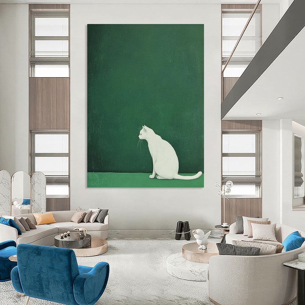 White Cat on Green Minimalist Abstract Painting for Calm Interiors GAB1520