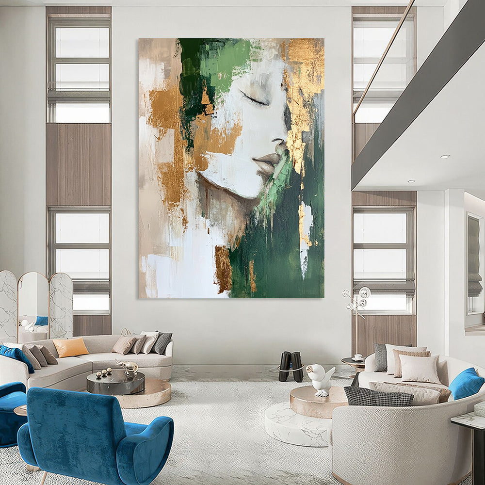 Abstract Portrait Painting with Green and Gold Elements GAB0665