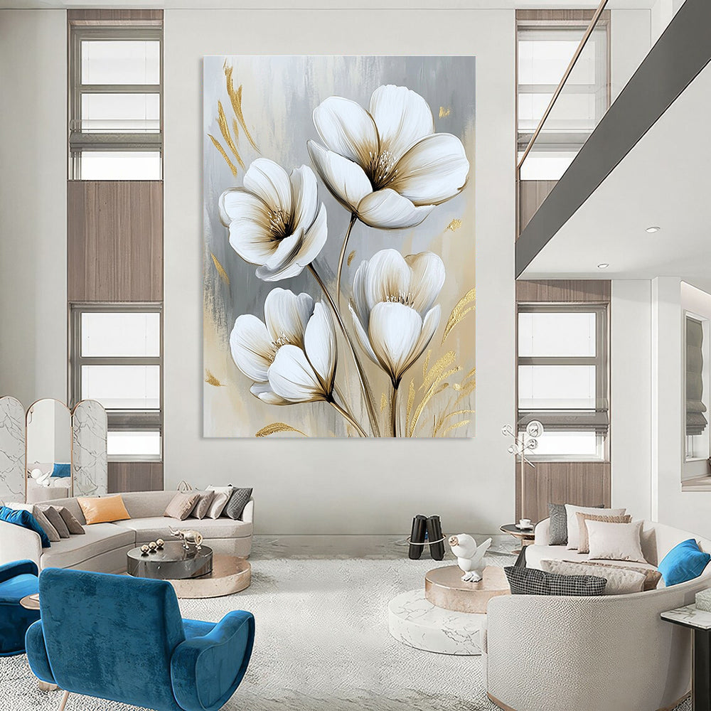 White Flowers with Gold Luxe Abstract Painting for Glamorous Interiors GAB1524