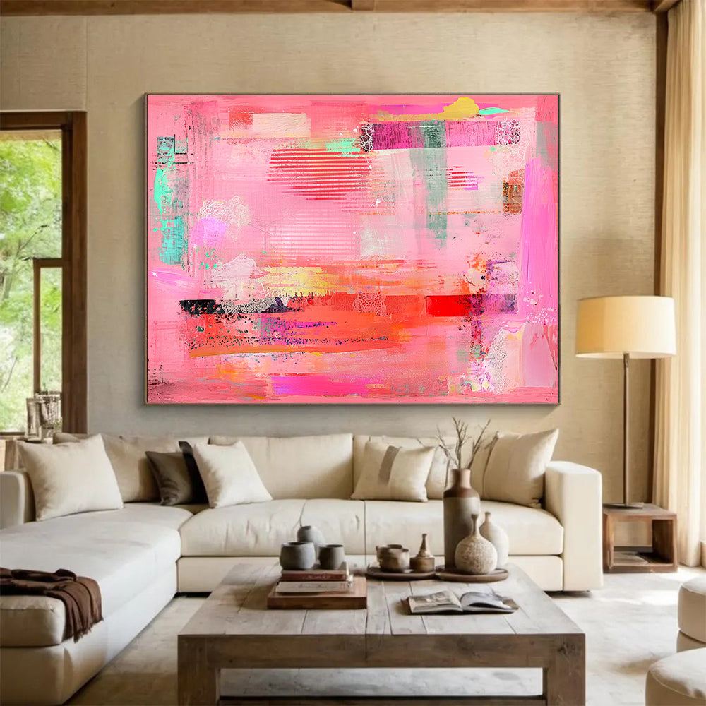 Intricate Pink Collage Abstract Painting with Whimsical Detail WINK255