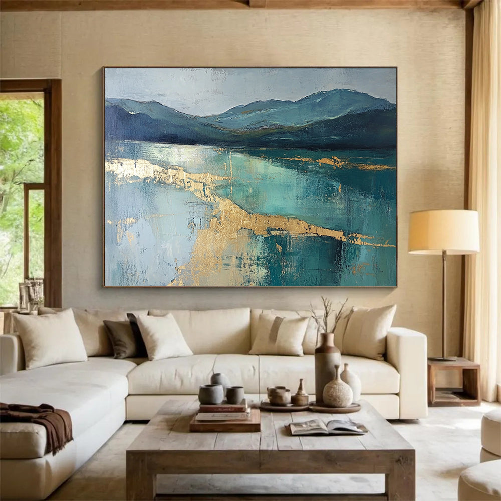 Mountain Lake Abstract Painting with Teal and Gold ABS266