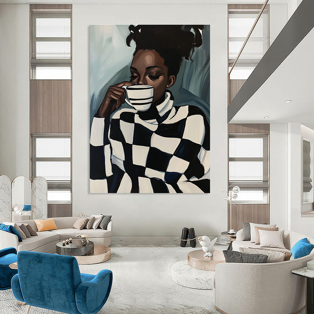 Stylish Woman with Checkered Sweater Abstract Painting GAB0038