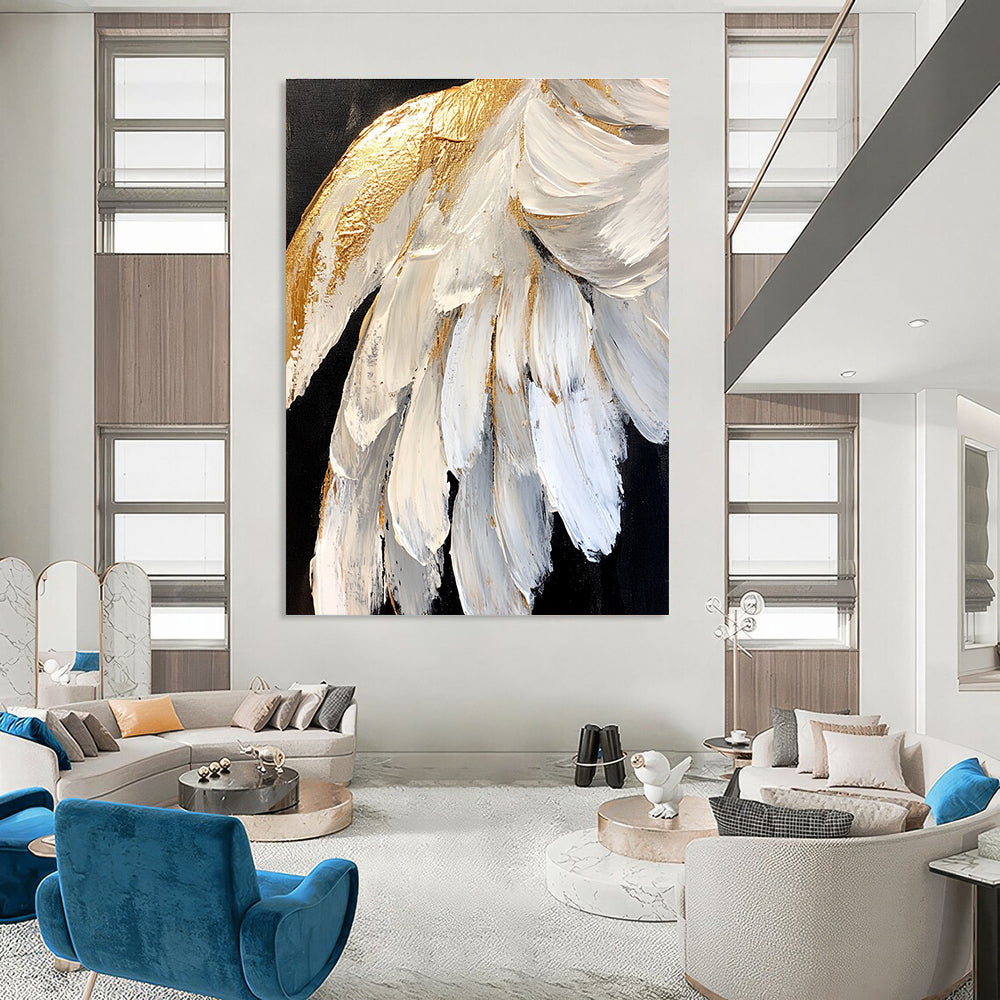 White - Gold Feather Textured Art - Luxe Minimalist Abstract Painting GAB0432