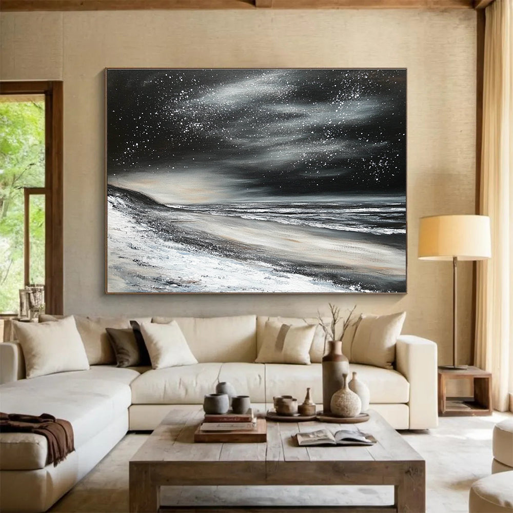 Starry Night Seascape Abstract Painting with Mystical Coastal Ambiance ABS453