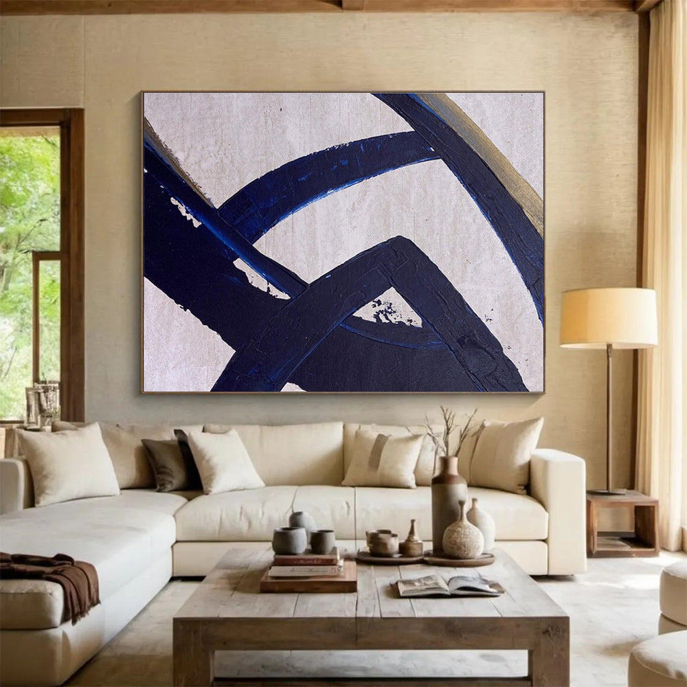 Dark Blue Abstract Lines Painting for Modern Corporate Lobbies YHT350