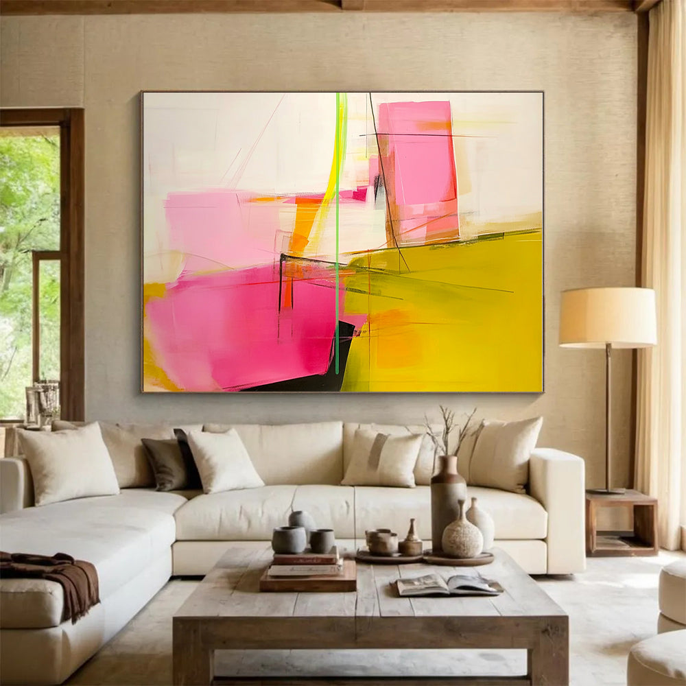 Pink Yellow Geometric Abstract Painting with Subtle Lines WINK629
