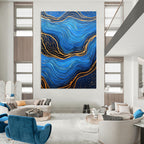Blue and Gold Wave Patterns Abstract Painting of Oceanic Rhythms GAB0082