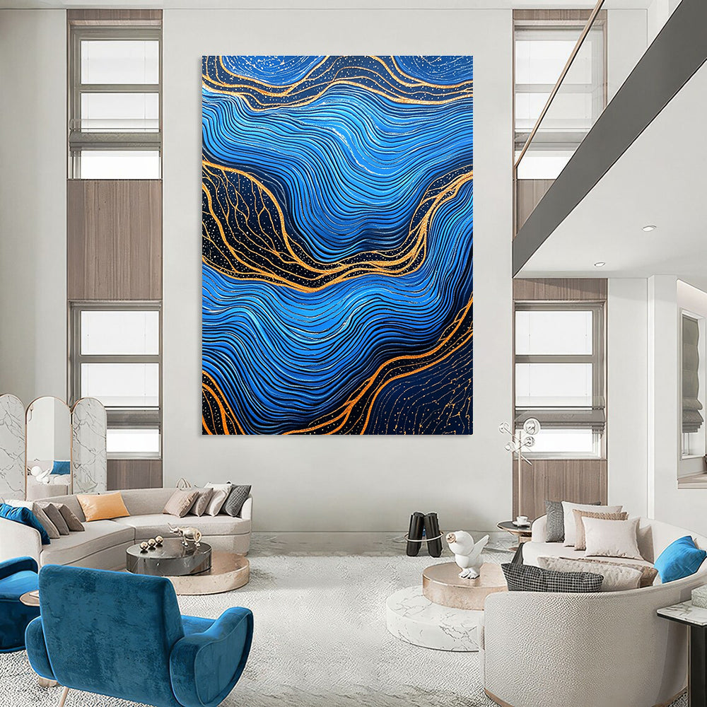 Blue and Gold Wave Patterns Abstract Painting of Oceanic Rhythms GAB0082