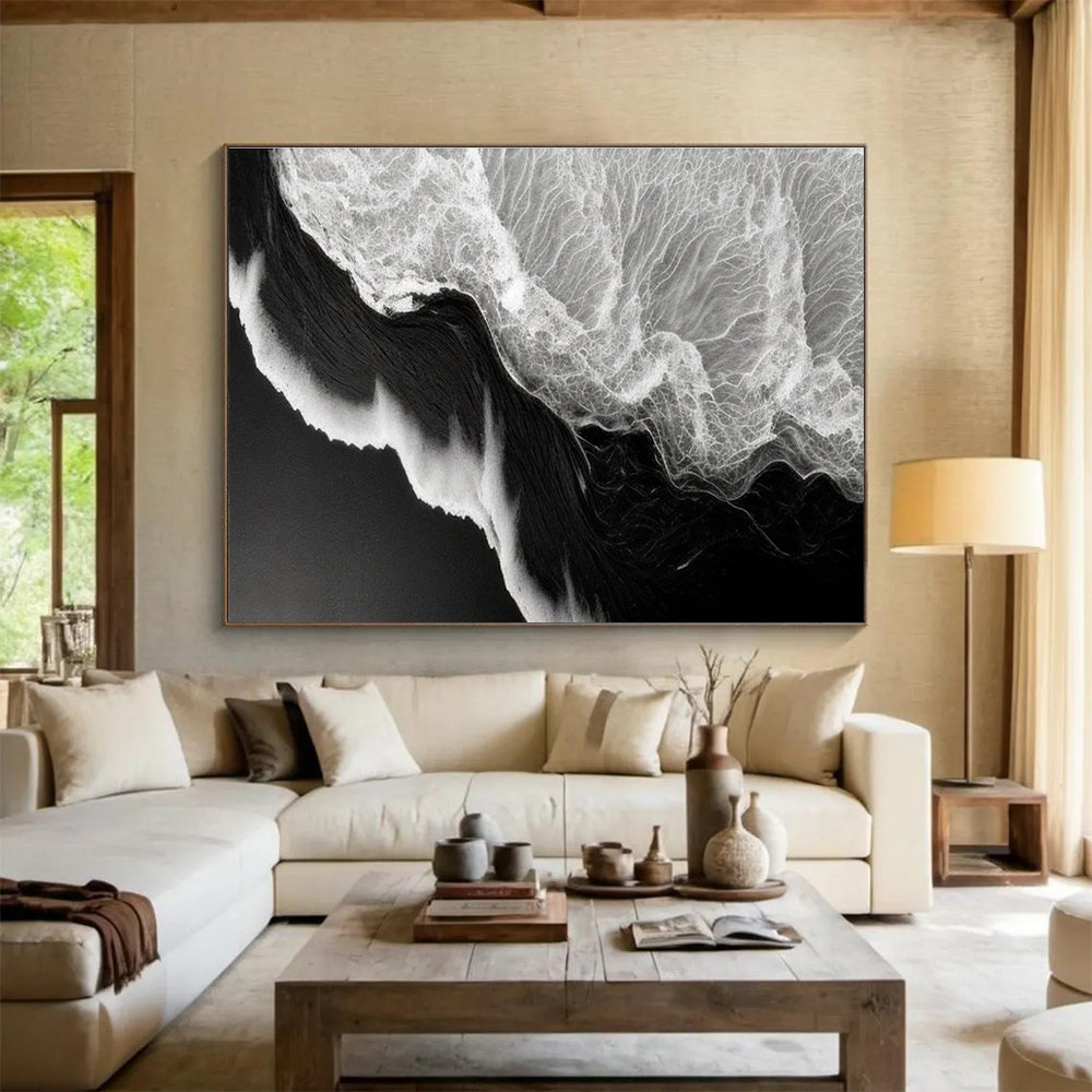 Black - White Wave Abstract Painting for Nautical - Themed Spaces YHT074