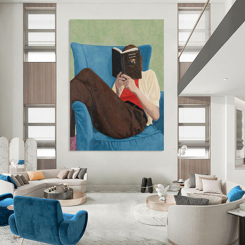 Reader in Blue Chair Figurative Painting for Cozy Reading Nooks HENG303