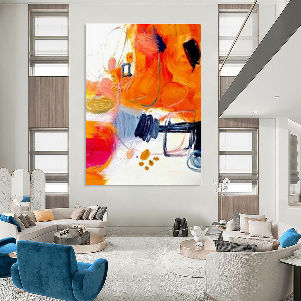 Energetic Orange - Hued Abstract Forms Painting for Creative Spaces HENG272