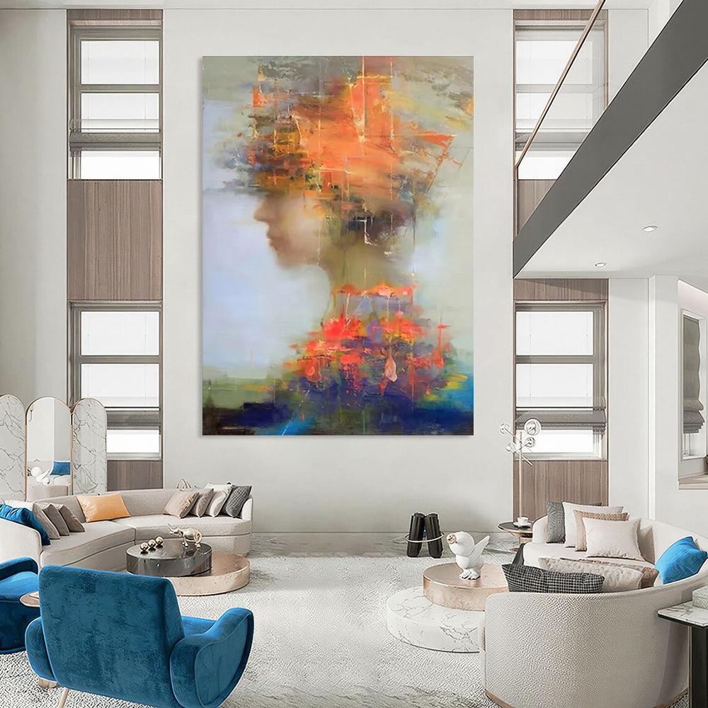 Abstract Figure with Colorful Overlays Painting for Expressive Interiors HENG318