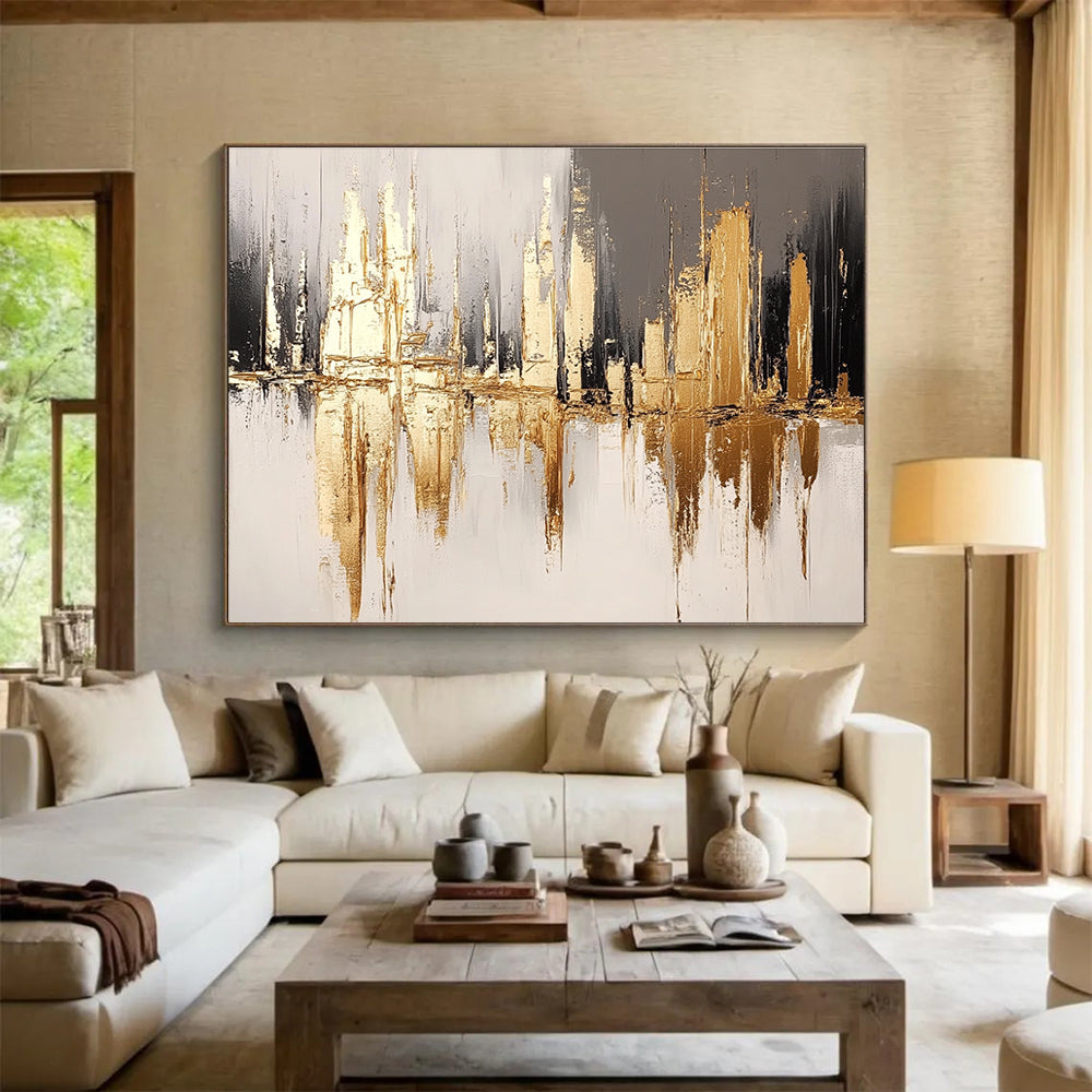 Golden City Reflection with Metallic Accents Abstract Painting ABS311