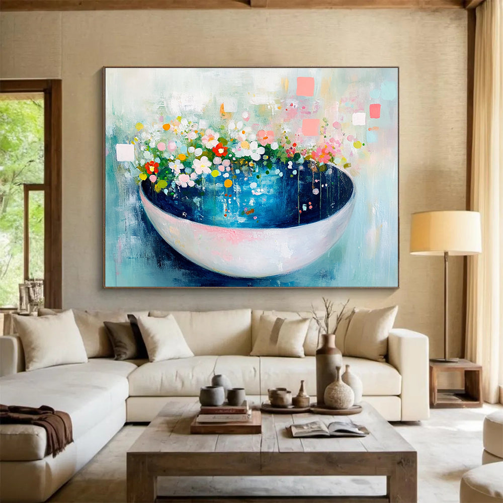 Floral Bowl Abstract Painting with Whimsical, Garden - Inspired Charm ABS494