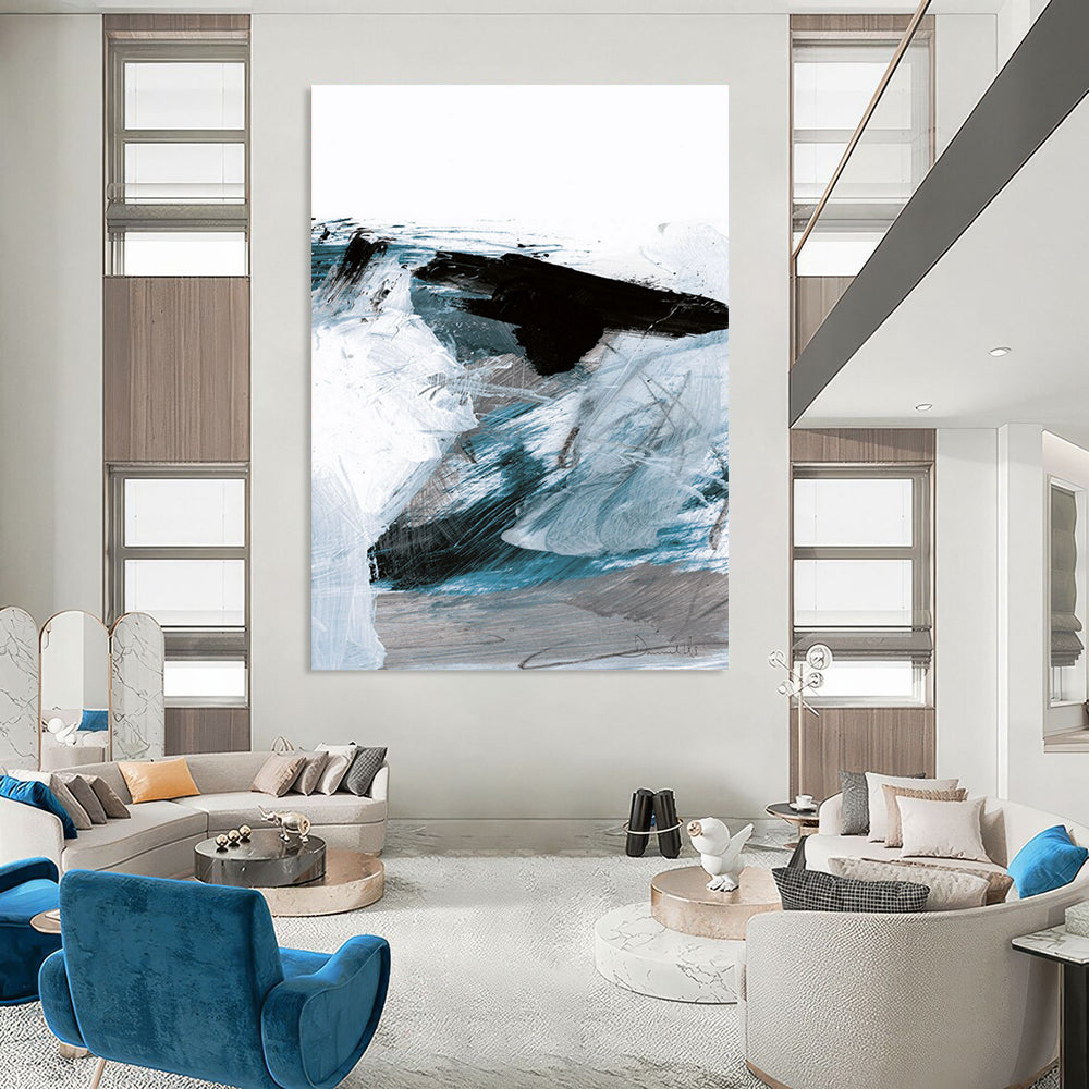 Dynamic Blue - Black Abstract Waves Painting for Coastal Interiors HENG220
