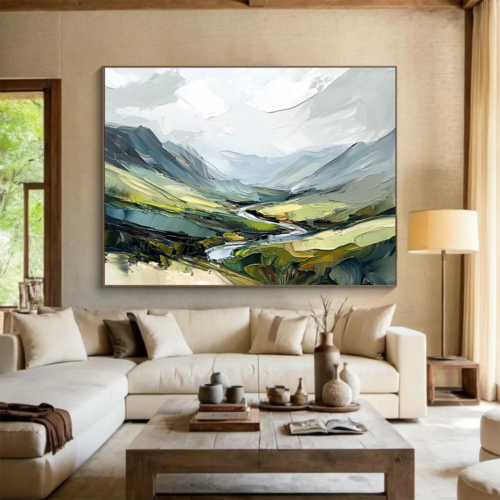 Mountain Valley with River Abstract Painting with Lush Greens ABS597