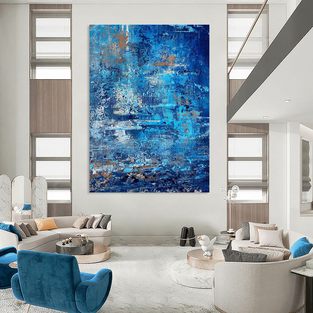 Blue and Gold Textured Abstract Painting for Coastal Home Interiors HENG457