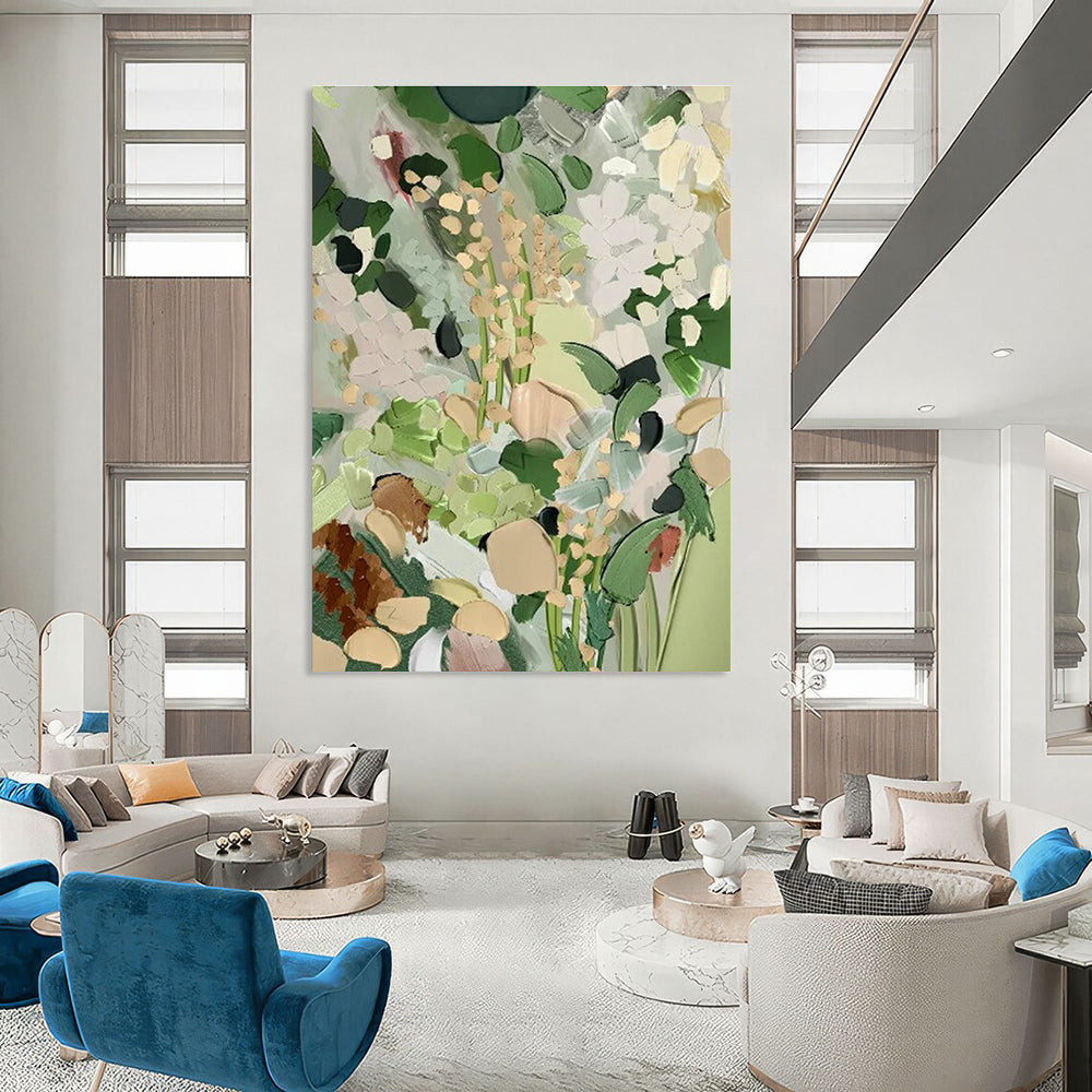 Muted Green Floral Abstract Painting for Minimalist Home Offices HENG426