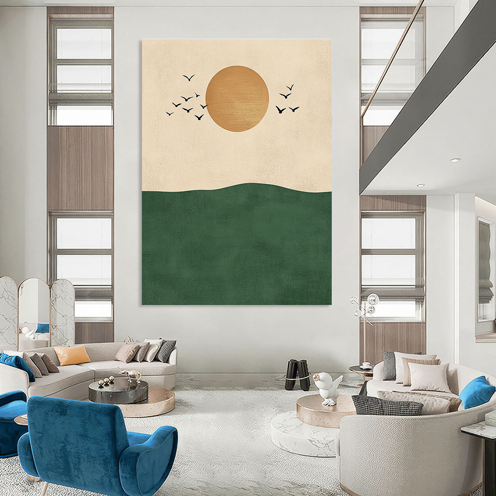 Sun Birds and Green Hill Abstract Painting for Nature - Inspired Living Rooms GAB1380