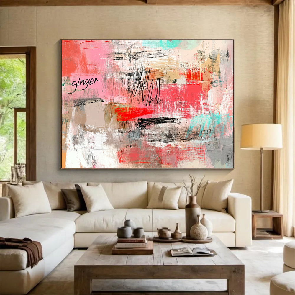 Pink and Gray Abstract Painting with Playful Text and Strokes ABS434