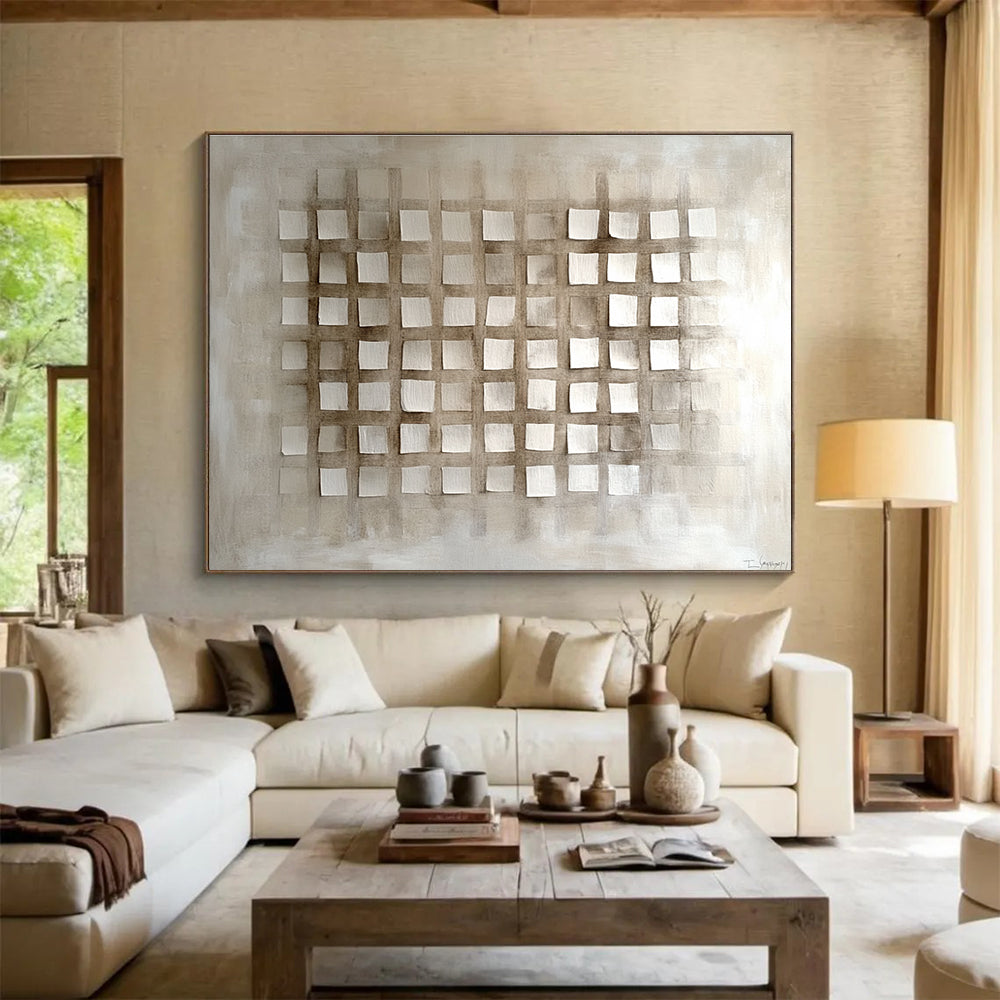 Minimalist Beige Grid Art for Modern Spaces Abstract Painting ABS121