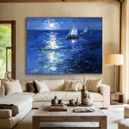 Moonlit Sailboats on Sea Abstract Painting with Nocturnal Serenity ABS601