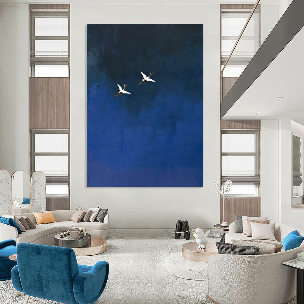 Two Cranes in Blue Sky Abstract Painting for Zen - Inspired Spaces HENG481